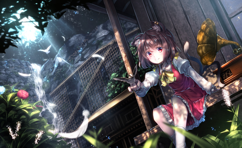 bird bird_on_hand chen commentary dutch_angle feathers flower grass highres hydrangea light_rays looking_at_viewer md5_mismatch multiple_tails phonograph ryosios sitting solo sunbeam sunlight tail touhou tree two_tails veranda water waterfall