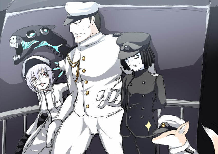 2boys :p abyssal_admiral_(kantai_collection) admiral_(kantai_collection) admiral_suwabe black_hair borrowed_character crossover female_abyssal_admiral_(kantai_collection) kantai_collection matsuda_chiyohiko military military_uniform multiple_boys naval_uniform ogawa_shou red_eyes scar scar_across_eye syringe tonda_(style) tongue tongue_out uniform white_hair