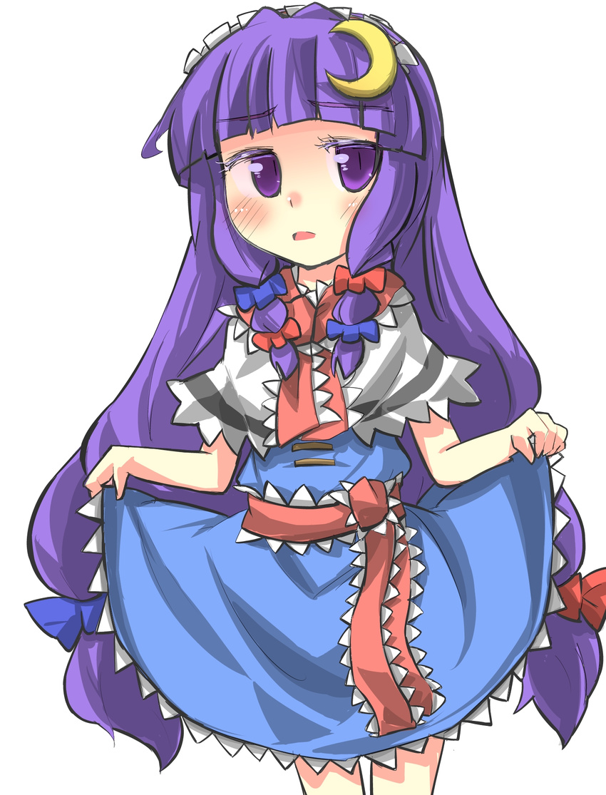 alice_margatroid alice_margatroid_(cosplay) bangs blue_dress blunt_bangs capelet cosplay crescent crescent_hair_ornament dress gaoo_(frpjx283) hair_ornament hair_ribbon hairband highres long_hair looking_at_viewer open_mouth patchouli_knowledge purple_eyes purple_hair ribbon skirt skirt_lift solo touhou tress_ribbon very_long_hair