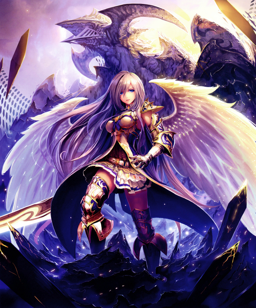 absurdres angel_wings blue_eyes boots dragon gauntlets godguard_brodia greaves hand_on_hip highres knee_boots leg_up long_hair open_mouth pauldrons pleated_skirt purple_hair scan shingeki_no_bahamut sidelocks skirt solo sword tachikawa_mushimaro thighhighs very_long_hair weapon wings