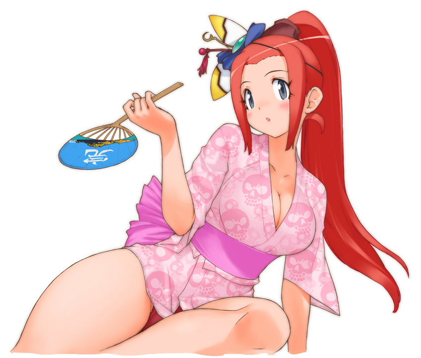 :o black_eyes breasts cleavage fan hair_ornament hanafuuma_gesshi holding large_breasts long_hair no_pants official_art otomedius otomedius_excellent panties paper_fan ponytail red_hair red_panties short_sleeves simple_background skull_print solo uchiwa underwear white_background yoshizaki_mine