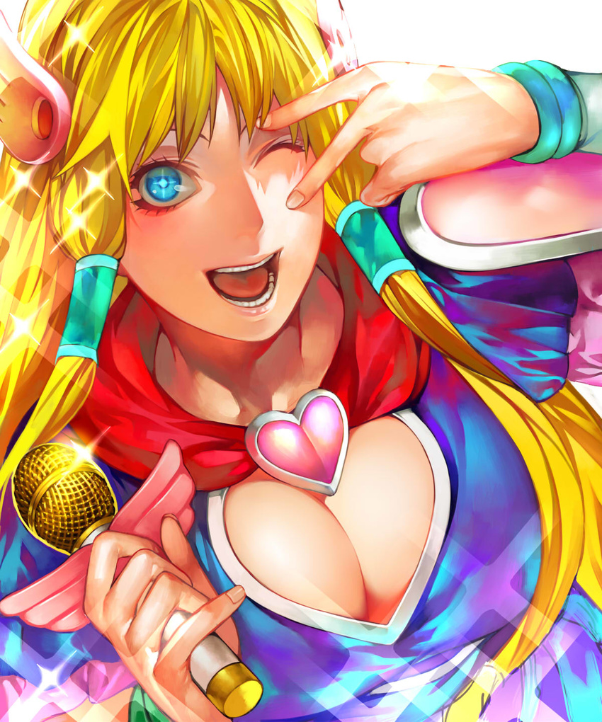 ;d blonde_hair bobobo-bo_bo-bobo breasts cape cleavage denbo dutch_angle eyelashes hair_ornament hair_tubes heart highres irohara_mitabi large_breasts long_hair magical_girl microphone one_eye_closed open_mouth short_sleeves simple_background smile solo sparkle teeth upper_body v white_background