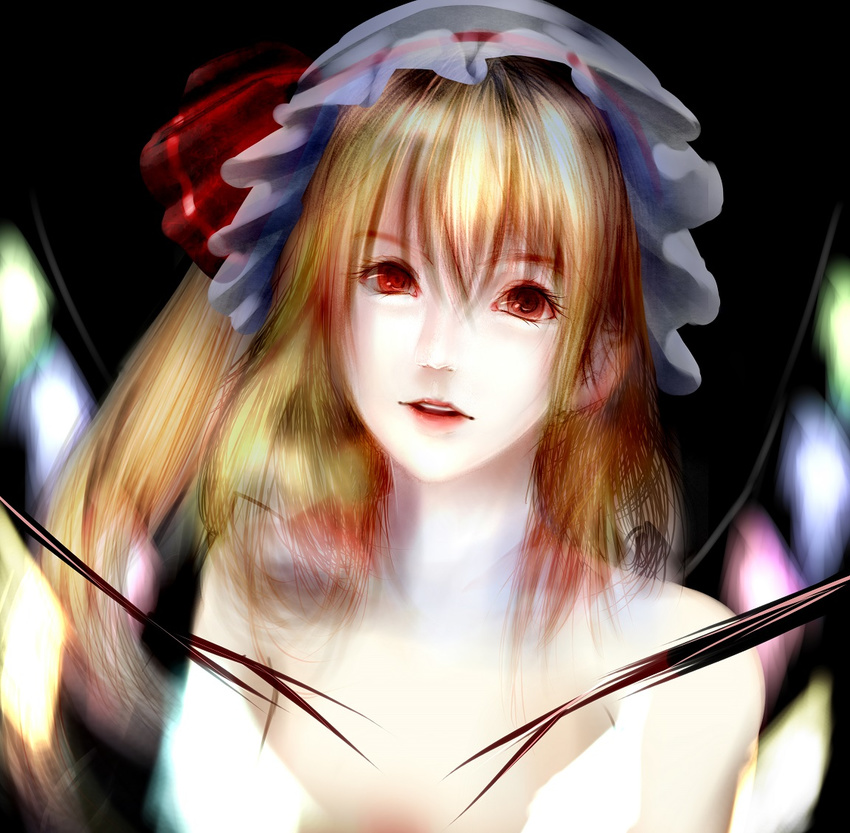 bad_id bad_pixiv_id bare_shoulders black_background blonde_hair eyelashes flandre_scarlet futatsuki_tsubaki glowing glowing_wings hat hat_ribbon lips long_hair mob_cap nose open_mouth portrait red_eyes ribbon side_ponytail simple_background smile solo teeth touhou wings