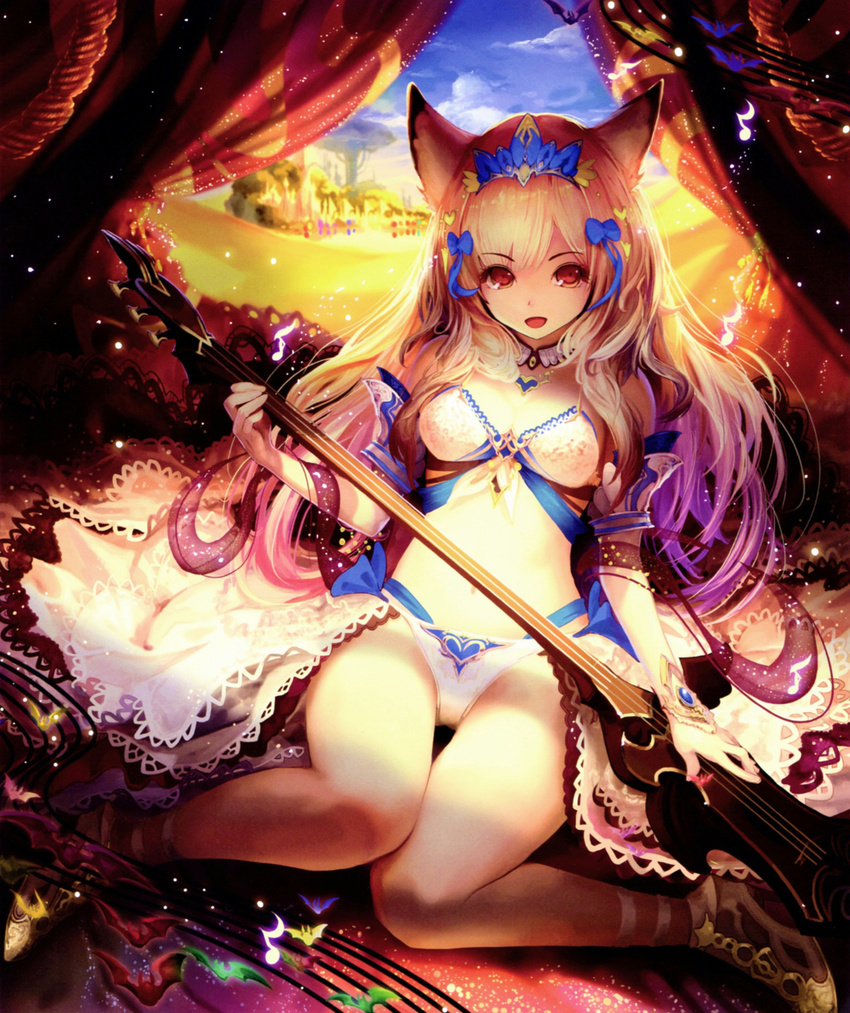 absurdres animal_ears bare_shoulders blonde_hair detached_collar detached_sleeves high_heels highres instrument jewelry light_particles long_hair midriff multicolored_hair navel necklace purple_hair red_eyes scan shamisen shingeki_no_bahamut sitting smile solo tachikawa_mushimaro thigh_gap two-tone_hair