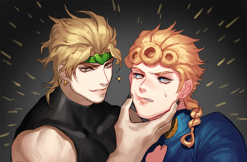 bad_id bad_pixiv_id black_nails blonde_hair blue_eyes braid dio_brando father_and_son giorno_giovanna hand_on_another's_face headband heart jojo_no_kimyou_na_bouken multiple_boys nail_polish sobi_(dnenqkswja) sparkle sweatdrop yellow_eyes