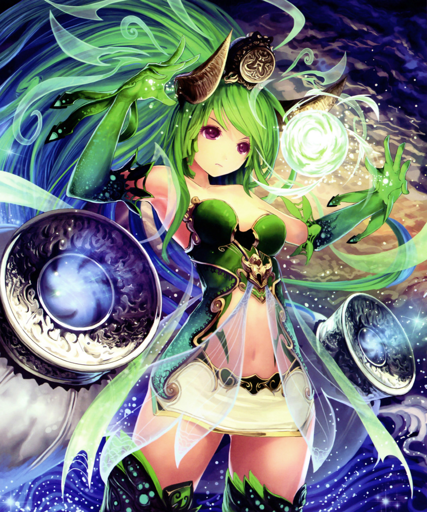 absurdres bare_shoulders dress elbow_gloves energy_ball gloves green_gloves green_hair green_legwear hair_ornament highres horns light_particles long_hair navel navel_cutout ponytail purple_eyes scan shadowverse shingeki_no_bahamut short_dress solo sparkle strapless strapless_dress tachikawa_mushimaro thighhighs very_long_hair wind_god_(shadowverse)