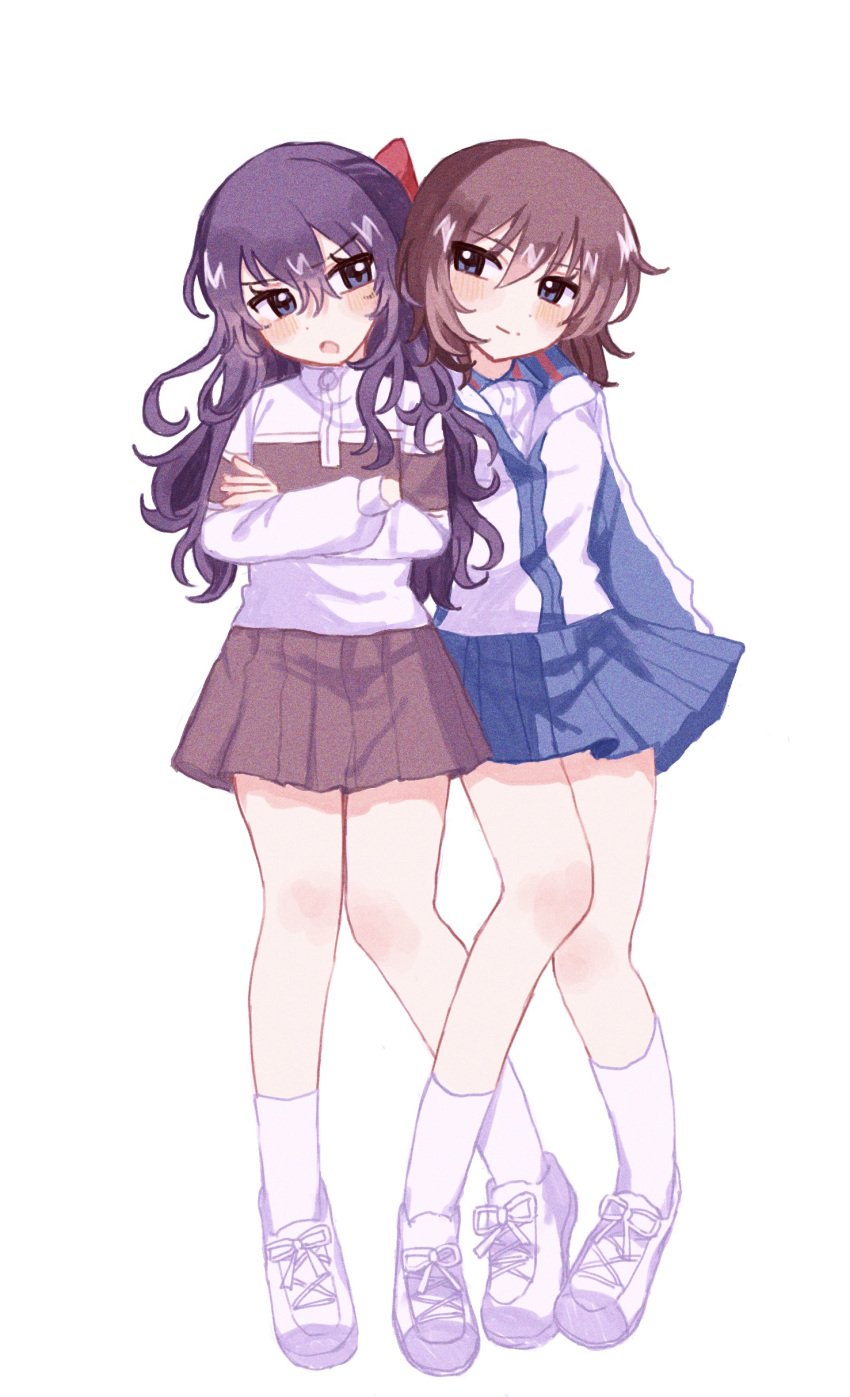 2girls :o absurdres ankle_socks blue_eyes blue_jacket blue_skirt blush bow brown_hair brown_skirt choppy_bangs collared_shirt crossed_arms eye_contact fuji_shuusuke full_body genderswap genderswap_(mtf) hair_between_eyes hair_bow head_tilt highres jacket knee_blush knees_together_feet_apart long_hair long_sleeves looking_at_another medium_hair miniskirt mizuki_hajime mofulove_cocoa multiple_girls partially_unzipped pleated_skirt purple_hair red_bow shirt shoes side-by-side simple_background skirt smile sneakers socks sportswear standing sweater tennis_no_ouji-sama tennis_uniform track_jacket unusually_open_eyes v-shaped_eyebrows wavy_hair white_background white_jacket white_shoes white_socks white_sweater