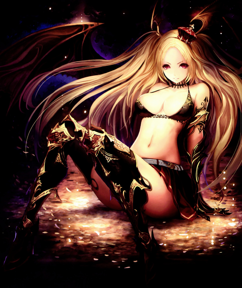 absurdres arm_support armlet bangs bare_shoulders bikini bikini_top black_bikini black_legwear black_wings blonde_hair breasts choker cleavage crown demon_wings gauntlets greaves head_wings high_heels highres leaning_back long_hair looking_at_viewer medium_breasts midriff mini_crown navel parted_bangs petals pleated_skirt red_eyes scan sexy_vampire shingeki_no_bahamut sitting skirt solo swimsuit tachikawa_mushimaro thighhighs twintails two_side_up very_long_hair wings