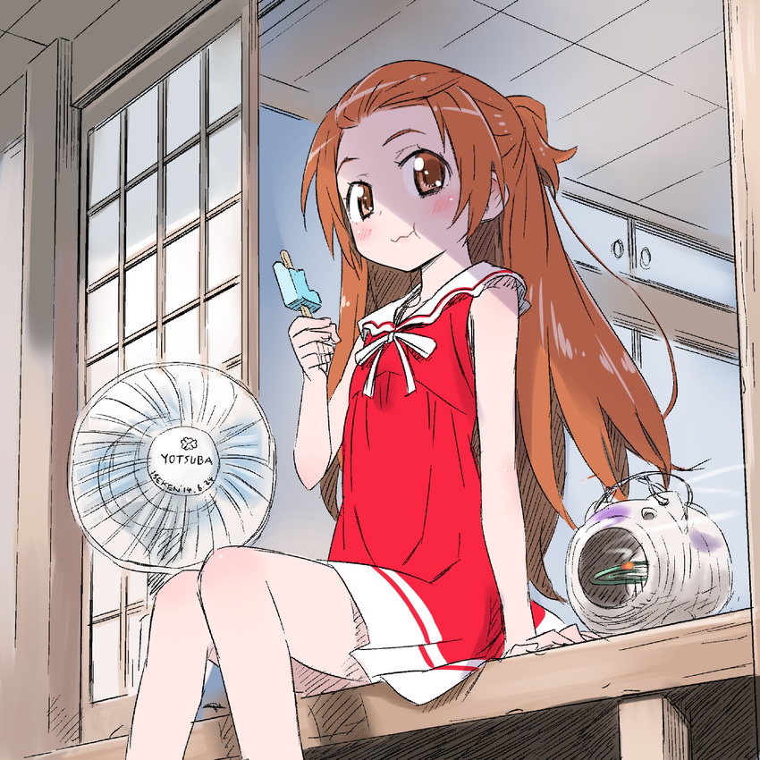 blush brown_eyes brown_hair dokidoki!_precure dress eating electric_fan food highres incense isedaichi_ken kayari_buta long_hair looking_at_viewer madoka_aguri mosquito_coil popsicle precure sailor_collar sitting smile solo white_sailor_collar