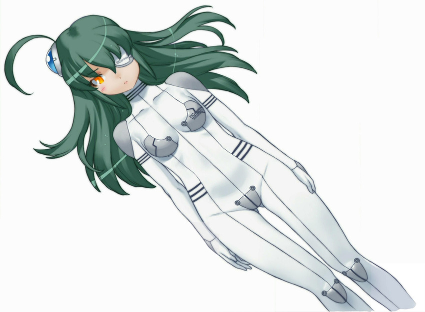 ahoge arms_at_sides bodysuit cropped_legs eyepatch floating_hair green_hair hair_ornament official_art otomedius otomedius_excellent simple_background solo tita_nium white_background yellow_eyes yoshizaki_mine