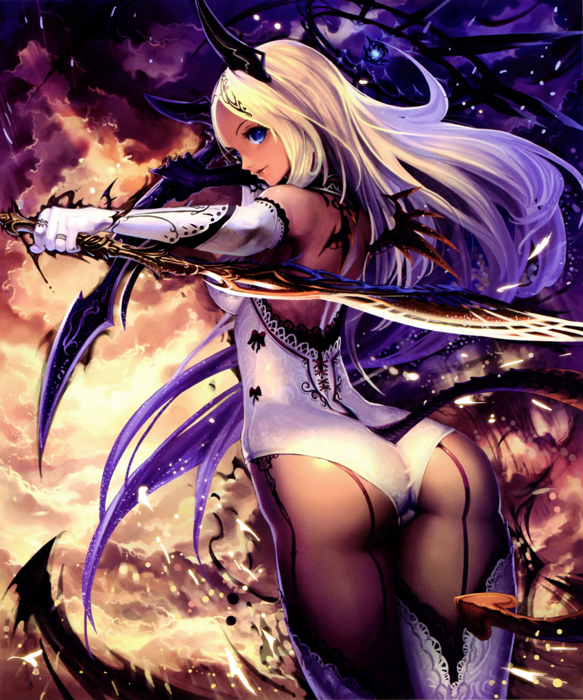 absurdres ass bare_shoulders black_wings blonde_hair blue_eyes brown_legwear dark_skin demon_tail detached_collar dual_wielding elbow_gloves from_behind gloves highres holding horns lace lace-trimmed_thighhighs leotard light_smile lips long_hair looking_back mini_wings multicolored_hair pantyhose purple_hair scan shingeki_no_bahamut solo sword tachikawa_mushimaro tail thighhighs two-tone_hair very_long_hair weapon white_gloves white_legwear wings