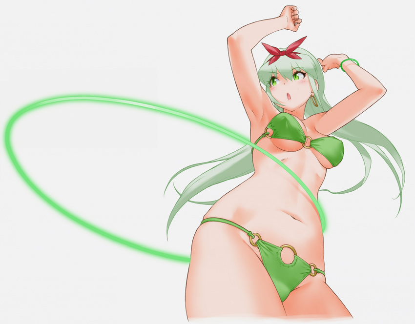 :o arms_up bikini bow bracelet cropped_legs earrings esmeralda_(otomedius) floating_hair green green_bikini green_eyes green_hair hair_bow hoop hula_hoop jewelry long_hair navel o-ring o-ring_bottom o-ring_top official_art open_mouth otomedius otomedius_excellent simple_background solo swimsuit yoshizaki_mine