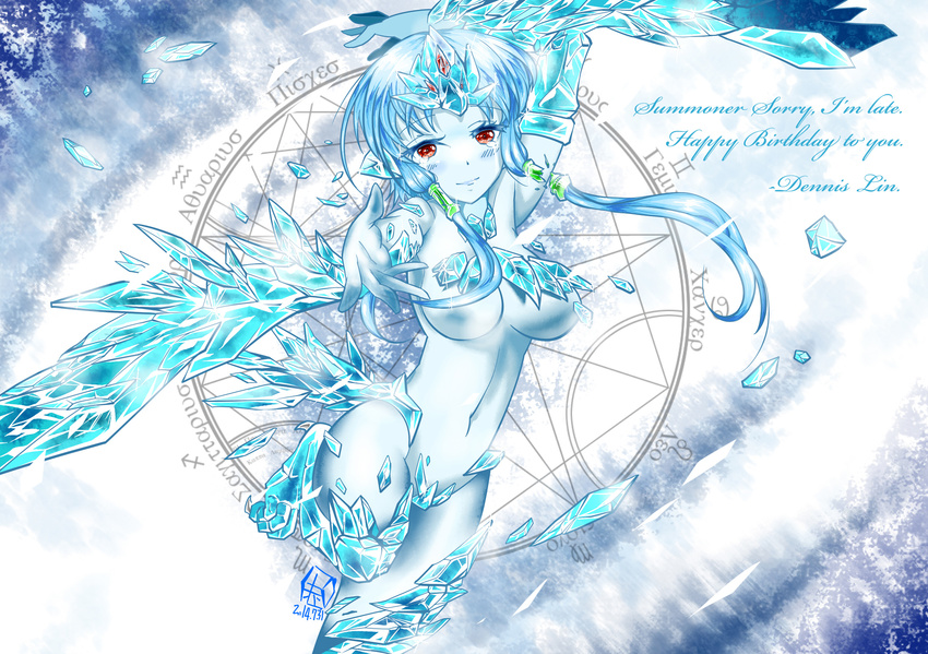 anivia blue_hair blue_wings breasts cold crying english feathered_wings feathers harpy highres ice ice_wings large_breasts league_of_legends looking_at_viewer maxeggq monster_girl personification red_eyes short_hair short_hair_with_long_locks smile snow tears wings
