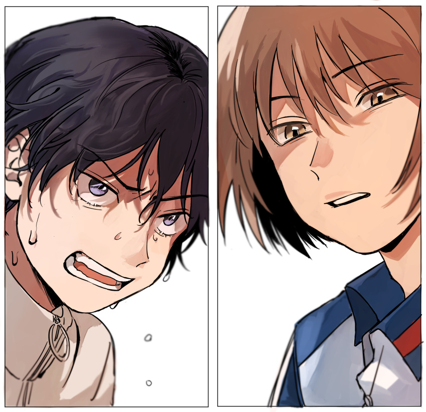 2boys black_hair blue_eyes border brown_hair choppy_bangs close-up coincoinco collared_shirt dripping_sweat fuji_shuusuke furrowed_brow glaring highres inset_border jacket looking_down looking_up male_focus mizuki_hajime multiple_boys open_mouth parted_lips portrait scowl serious shirt short_hair simple_background split_screen sweat tennis_no_ouji-sama unusually_open_eyes v-shaped_eyebrows very_sweaty wavy_hair white_background white_border white_jacket wispy_bangs
