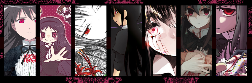 akemi_homura bad_id bad_pixiv_id black_hair border character_doll crying crying_with_eyes_open dress flower funeral_dress hairband highres iwashi_(ankh) kaname_madoka long_hair looking_at_viewer mahou_shoujo_madoka_magica mahou_shoujo_madoka_magica_movie multiple_views pink_hair red_eyes short_hair short_twintails smile spider_lily spoilers tears twintails