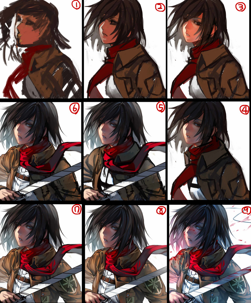 black_hair blood blood_on_face blood_splatter bloody_clothes bloody_weapon emblem grey_eyes highres holding holding_sword holding_weapon how_to irohara_mitabi jacket lips long_sleeves mikasa_ackerman military military_uniform number numbered_panels paradis_military_uniform parted_lips progression red_scarf scarf shingeki_no_kyojin short_hair simple_background solo strap sword training_corps_(emblem) uniform weapon white_background work_in_progress