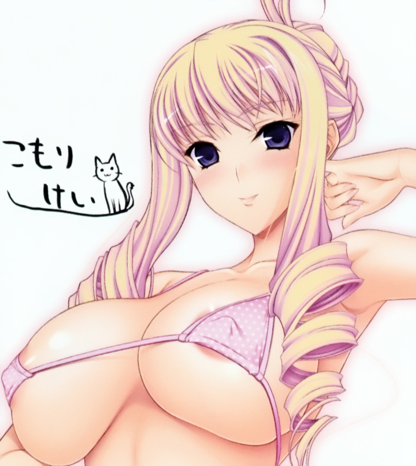 1girl areola areolae bertille_althusser blonde_hair blue_eyes bra breasts erect_nipples large_breasts long_hair nipples official_art sideboob simple_background solo standing underboob underwear walkure_romanze