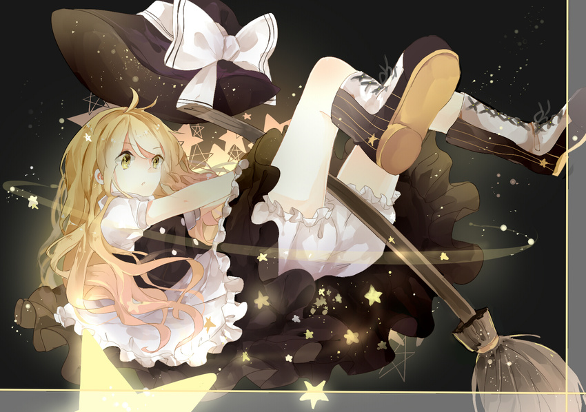 antenna_hair apron black_skirt blonde_hair bloomers boots broom broom_riding cross-laced_footwear hat hat_removed headwear_removed highres huang_bao_b kirisame_marisa open_mouth puffy_short_sleeves puffy_sleeves shirt short_sleeves skirt solo star touhou underwear v_arms vest waist_apron wavy_hair white_shirt witch_hat yellow_eyes