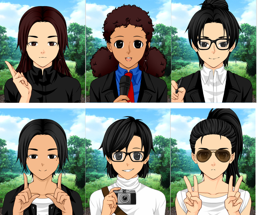 artist_request black_eyes black_hair brown_eyes brown_hair camera dark_skin genderswap glasses hideki_kamiya hideo_kojima looking_at_viewer masahiro_sakurai microphone reggie_fils-aim&eacute; satoru_iwata shigeru_miyamoto source_request sunglasses v