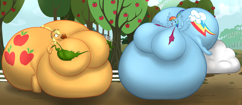2014 anthro anthrofied applejack_(mlp) badgerben belly big_belly big_breasts big_butt blonde_hair blue_fur breasts butt cider cutie_mark drinking duo earth_pony equine eyes_closed female friendship_is_magic fur green_eyes hair horse huge_breasts huge_butt hyper hyper_belly hyper_breasts hyper_butt inflation mammal multi-colored_hair my_little_pony open_mouth orange_fur pegasus pony rainbow_dash_(mlp) rainbow_hair rainbow_tail wardrobe_malfunction wings