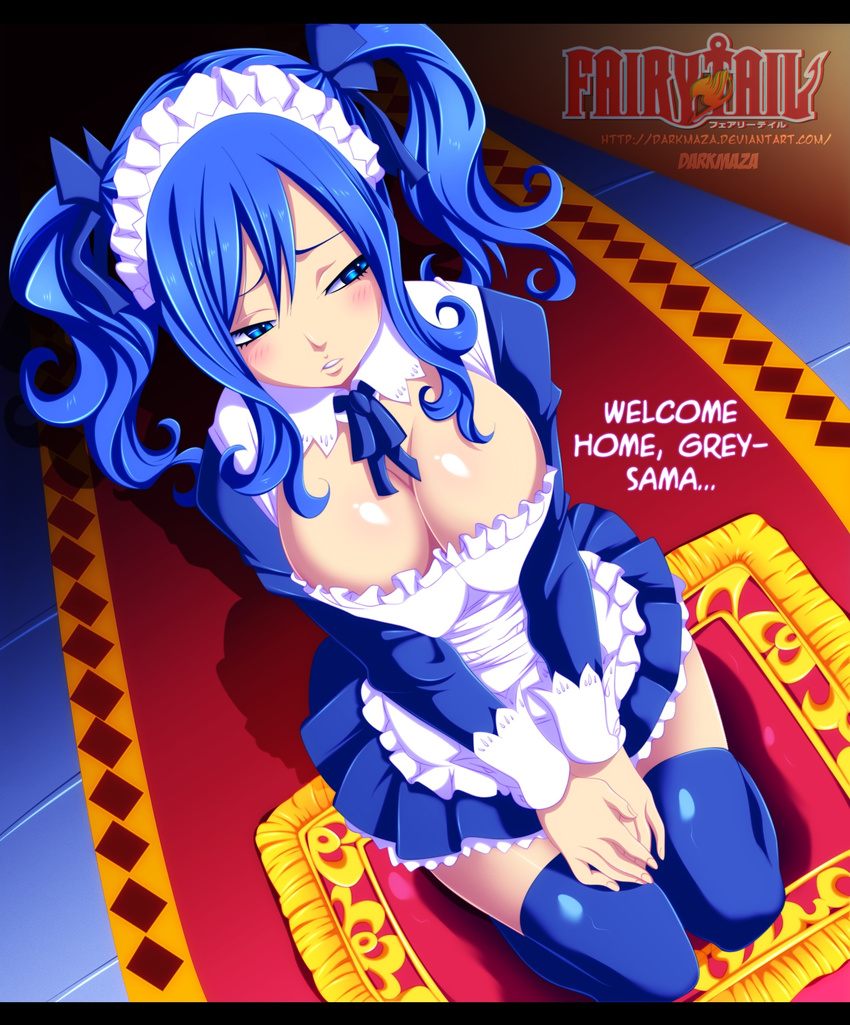 1girl apron blue_eyes blue_hair blush breasts fairy_tail juvia_loxar large_breasts maid maid_apron solo thighhighs twintails