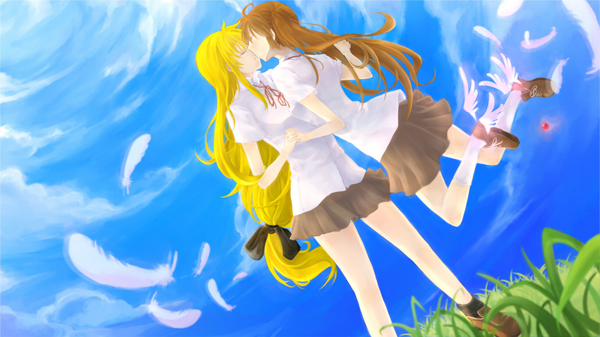 2girls b.k. blonde_hair brown_hair cloud clouds eyes_closed fate_testarossa feathers hair_ornament hand_holding kiss long_hair lyrical_nanoha mahou_shoujo_lyrical_nanoha mahou_shoujo_lyrical_nanoha_a's mahou_shoujo_lyrical_nanoha_a's multiple_girls raising_heart school_uniform skirt sky takamachi_nanoha uniform very_long_hair yuri