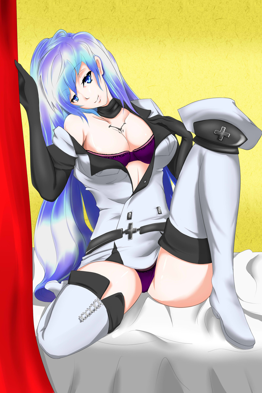 1girl absurdres akame_ga_kill! aqua_hair blue blue_eyes blush boots breasts bustier chains choker cleavage dominatrix drawfag elbow_gloves esdeath esdese gloves grin hair_over_one_eye hat highres higres large_breasts latex_gloves leather long_hair monochrome navel panties parted_lips peaked_cap smile solo thigh_boots thighhighs underwear uniform very_long_hair