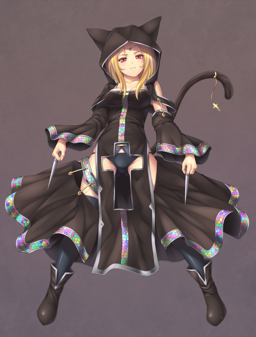animal_hood asymmetrical_clothes black_legwear black_panties blonde_hair boots breasts cat_hood cat_tail cross crotch_cutout detached_sleeves frown full_body highres hood long_hair medium_breasts nun original panties red_eyes sasaame simple_background skirt slit_pupils solo tail tail_ornament thighhighs tiara underwear weapon weapon_request wide_sleeves