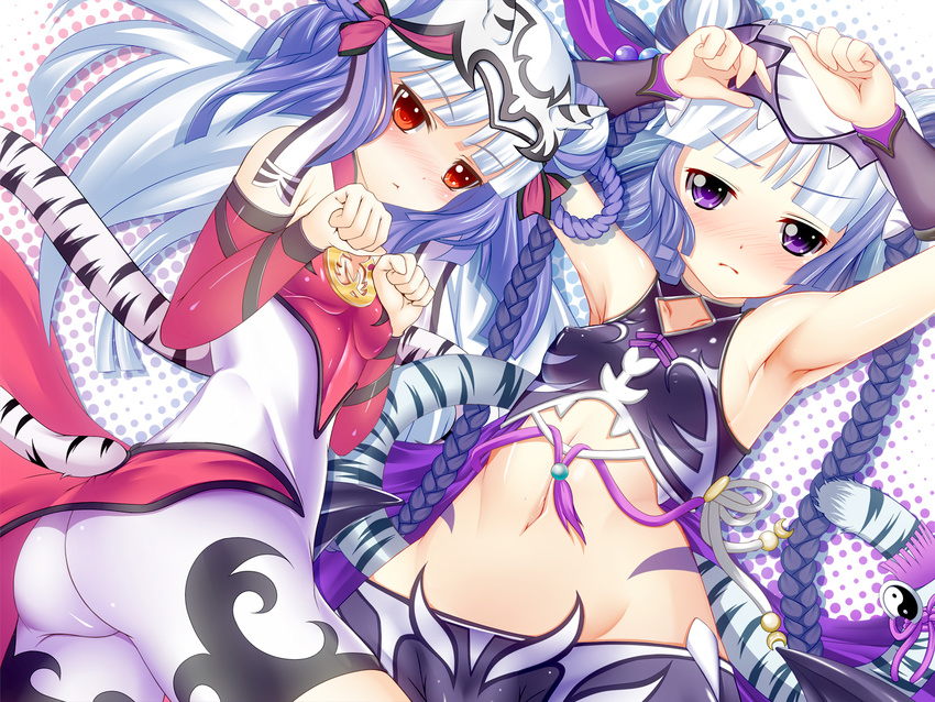 armpits arms_up ass blush braid breasts covered_nipples groin haku_(p&amp;d) long_hair looking_at_viewer midriff multiple_girls navel paw_pose purple_eyes puzzle_&amp;_dragons red_eyes sho2 silver_hair skin_tight small_breasts tail twin_braids very_long_hair wrist_cuffs yin_yang