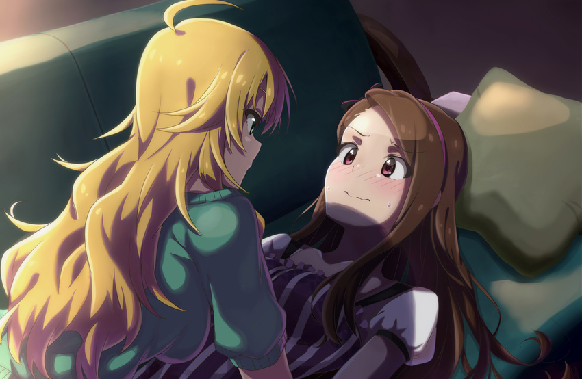 absurdres ahoge blonde_hair blush brown_hair couch green_eyes hairband highres hoshii_miki idolmaster idolmaster_(classic) imminent_kiss long_hair lying minase_iori multiple_girls pink_eyes rariemonn wavy_mouth yuri