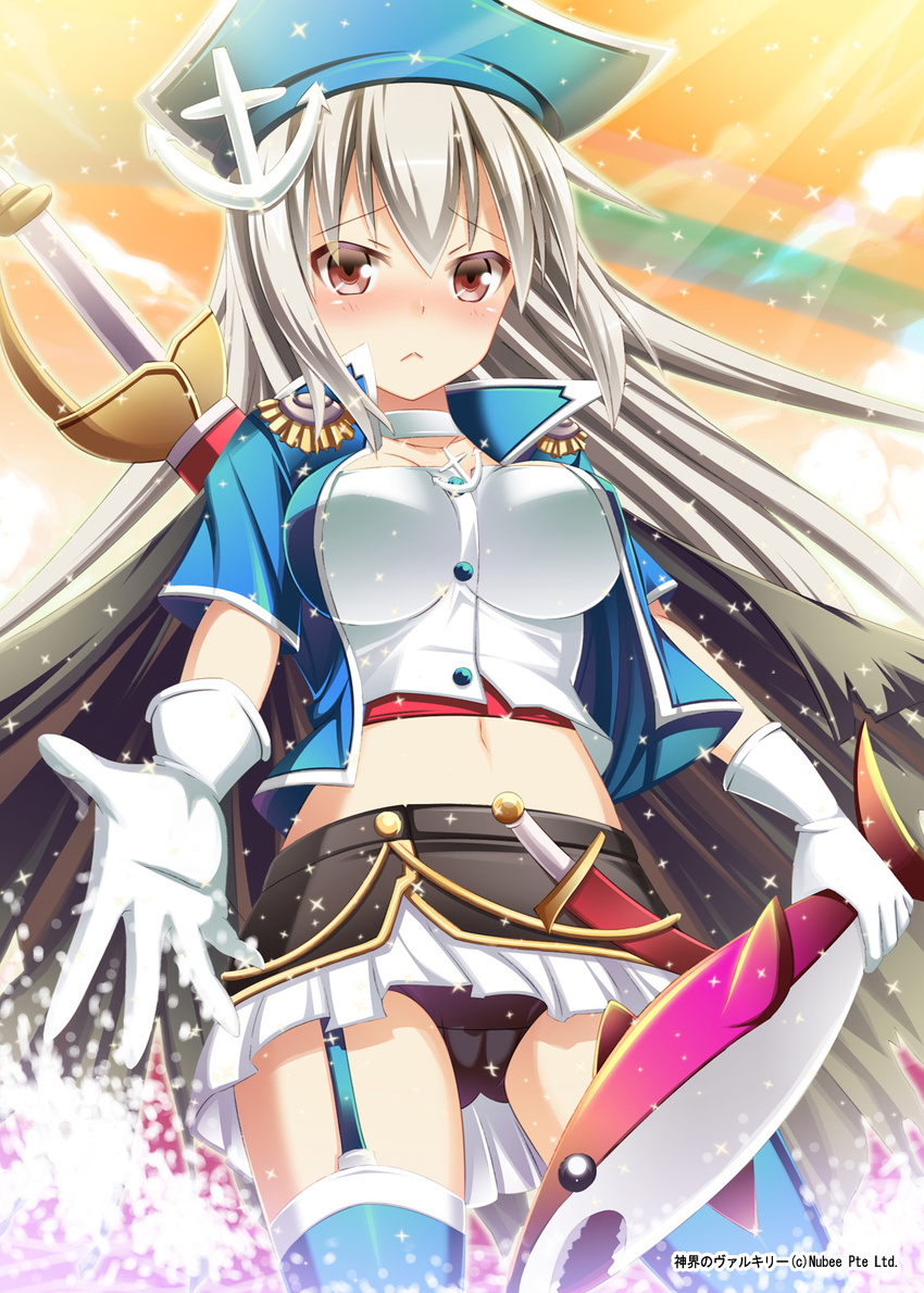 :&lt; anchor_hair_ornament anchor_symbol black_panties blazer blue_legwear blush breasts full-face_blush garter_straps gloves grey_hair hair_ornament hat highres jacket light_particles medium_breasts microskirt panties pink_eyes shark shark_(shinkai_no_valkyrie) shinkai_no_valkyrie skirt sword thighhighs underwear usaginezumi weapon white_gloves