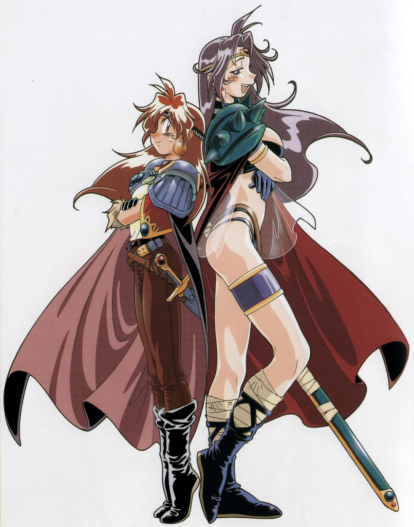 90s araizumi_rui armlet back-to-back blue_eyes boots cape circlet crossed_arms earrings full_body gloves headband height_difference highres jewelry knee_boots lina_inverse long_hair multiple_girls naga_the_serpent open_mouth pauldrons purple_hair red_eyes red_hair revealing_clothes simple_background slayers smile sweatdrop sword thigh_strap tiptoes weapon