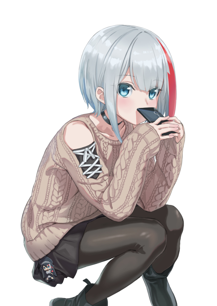 1girl admiral_graf_spee_(azur_lane) aran_sweater azur_lane bangs black_choker black_footwear black_skirt blue_eyes boots brown_legwear brown_sweater cellphone charm_(object) choker collarbone commentary_request covered_mouth deutschland_(azur_lane) eyebrows_visible_through_hair hair_between_eyes hands_up highres holding holding_cellphone holding_phone long_sleeves looking_at_viewer multicolored_hair own_hands_together pantyhose phone pleated_skirt red_hair shoulder_cutout silver_hair simple_background skirt sleeves_past_wrists solo streaked_hair sweater tuchinokoeffect white_background