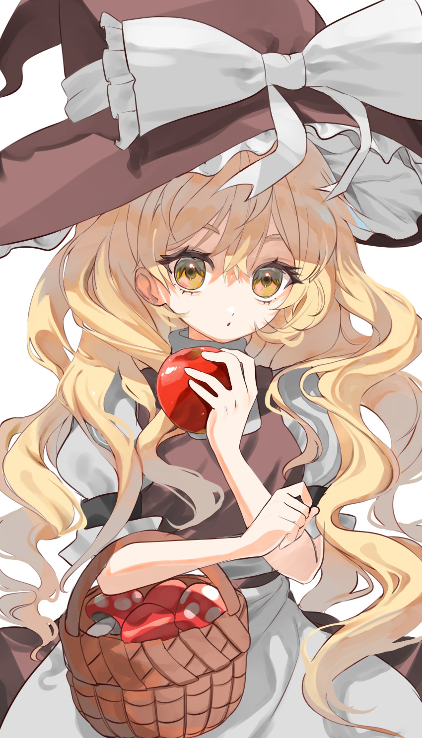 1girl absurdres apple apron basket blonde_hair bow braid ebi_mayopuri food fruit hair_between_eyes hair_bow hat hat_bow highres holding holding_basket holding_food holding_fruit kirisame_marisa mushroom solo touhou waist_apron white_background white_bow witch_hat yellow_eyes