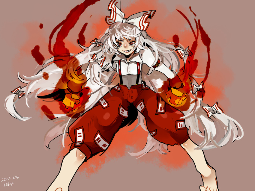 bow brown_background damenaito fire fujiwara_no_mokou grin hair_bow long_hair ofuda ofuda_on_clothes red_eyes ribbon smile touhou white_hair