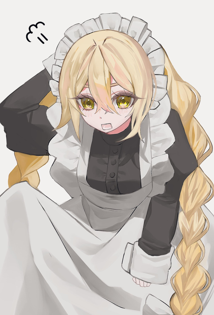 1girl alternate_costume apron blonde_hair blush ebi_mayopuri enmaided frills hair_between_eyes highres kirisame_marisa maid maid_apron maid_headdress solo touhou white_apron white_background yellow_eyes