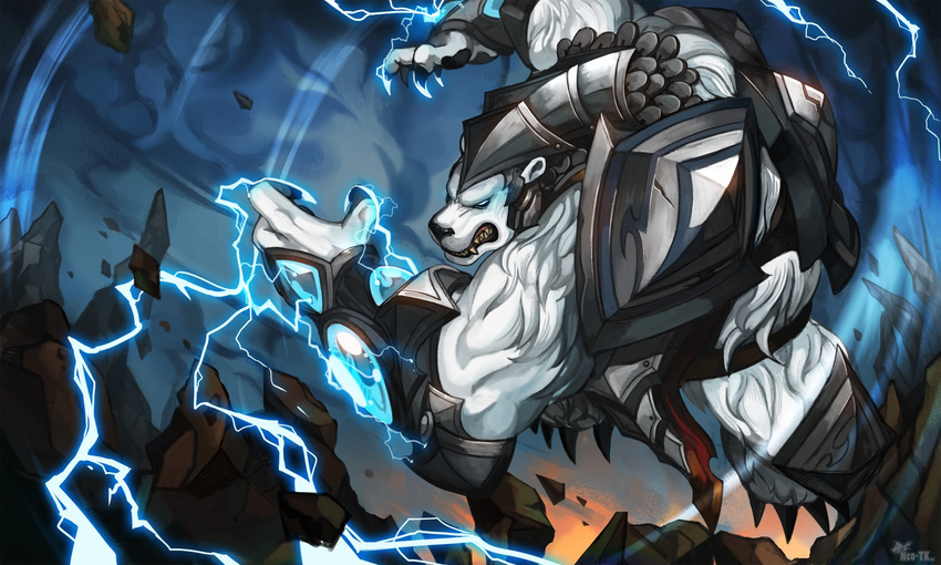 bared_teeth bear blue_eyes electricity fangs forehead_protector gauntlets glowing glowing_eyes highres league_of_legends muscle neo-tk.. no_humans no_pupils pauldrons plate_armor polar_bear solo volibear