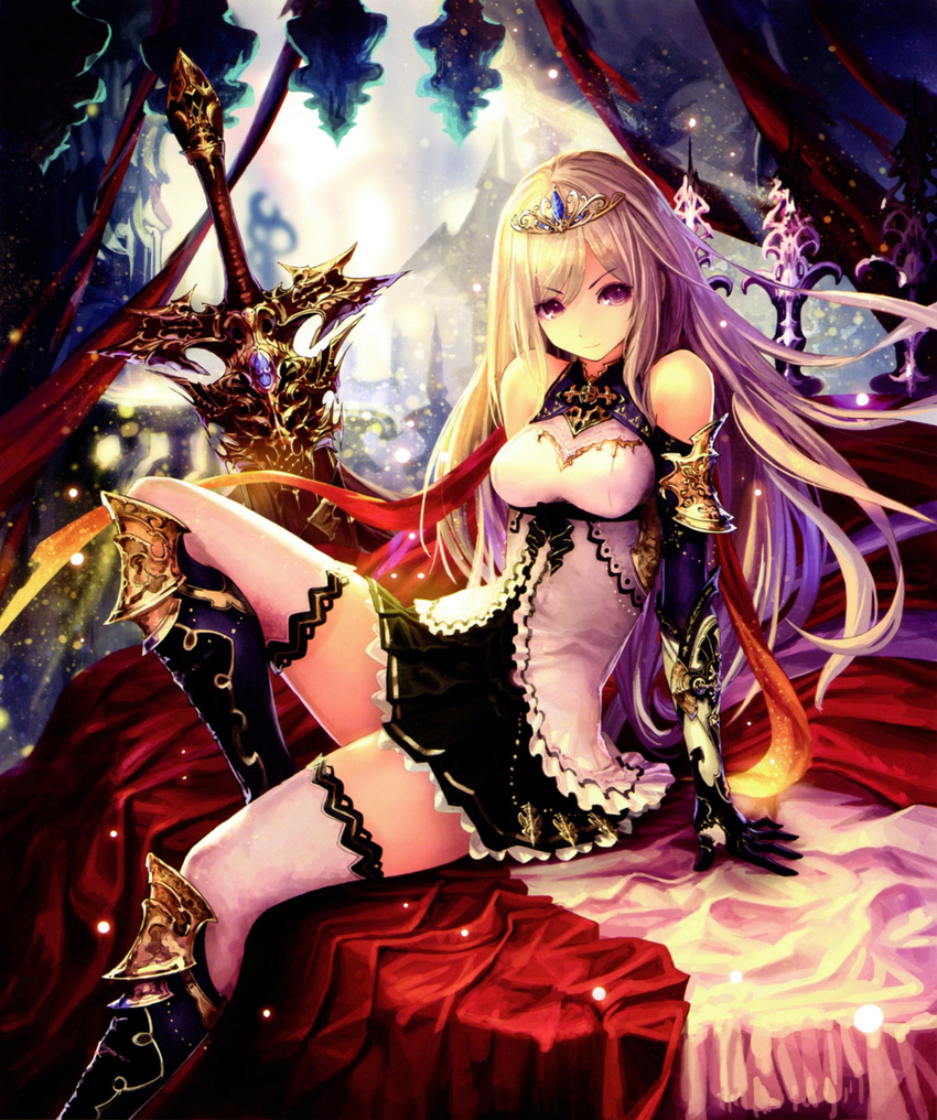 absurdres arm_support armor bare_shoulders bed black_gloves boots dress elbow_gloves gauntlets gloves highres knee_boots leaning_back leg_up light_particles long_hair looking_at_viewer purple_eyes scan shingeki_no_bahamut short_dress silver_hair sleeveless sleeveless_dress smile solo tachikawa_mushimaro thighhighs tiara white_legwear