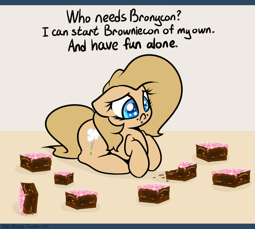 backy blue_eyes brown_fur brown_hair brownies crumbs earth_pony english_text equine female feral food fur hair horse mammal my_little_pony original_character pony sad shadow slavedemorto solo text