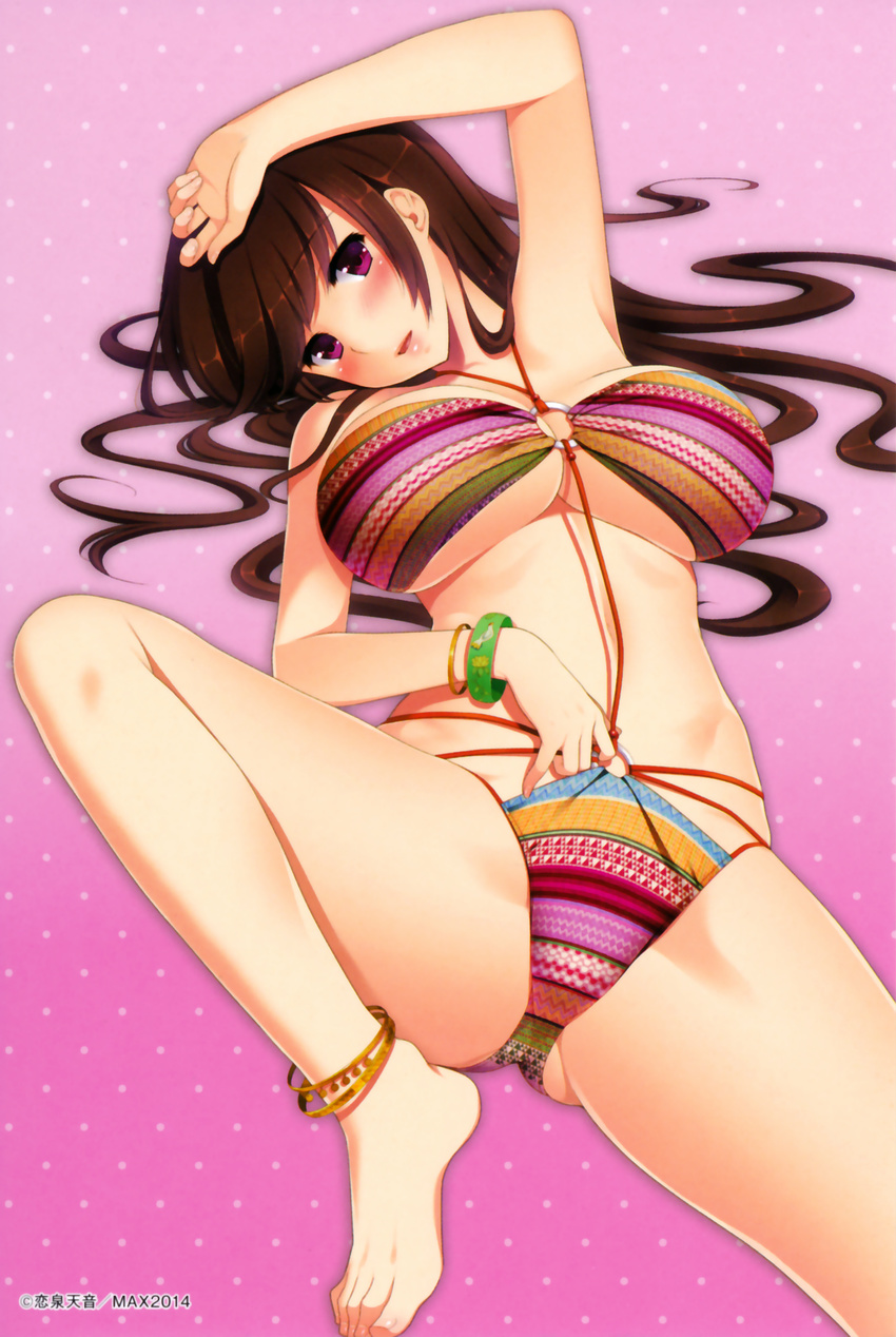 barefoot bikini breasts brown_hair feet hands highres koizumi_amane large_breasts long_hair looking_at_viewer purple_eyes scan solo swimsuit toenails toes underboob