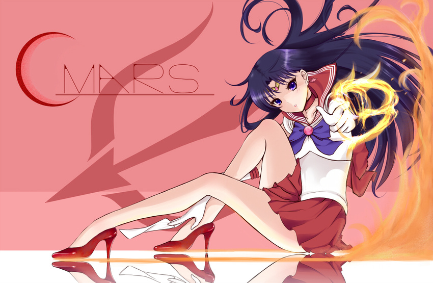 bare_legs bishoujo_senshi_sailor_moon black_hair blue_eyes bow choker circlet english fire full_body high_heels hino_rei legs long_hair looking_at_viewer michitose_michiru pleated_skirt red_sailor_collar reflection sailor_collar sailor_mars sailor_senshi_uniform sitting skirt solo talisman