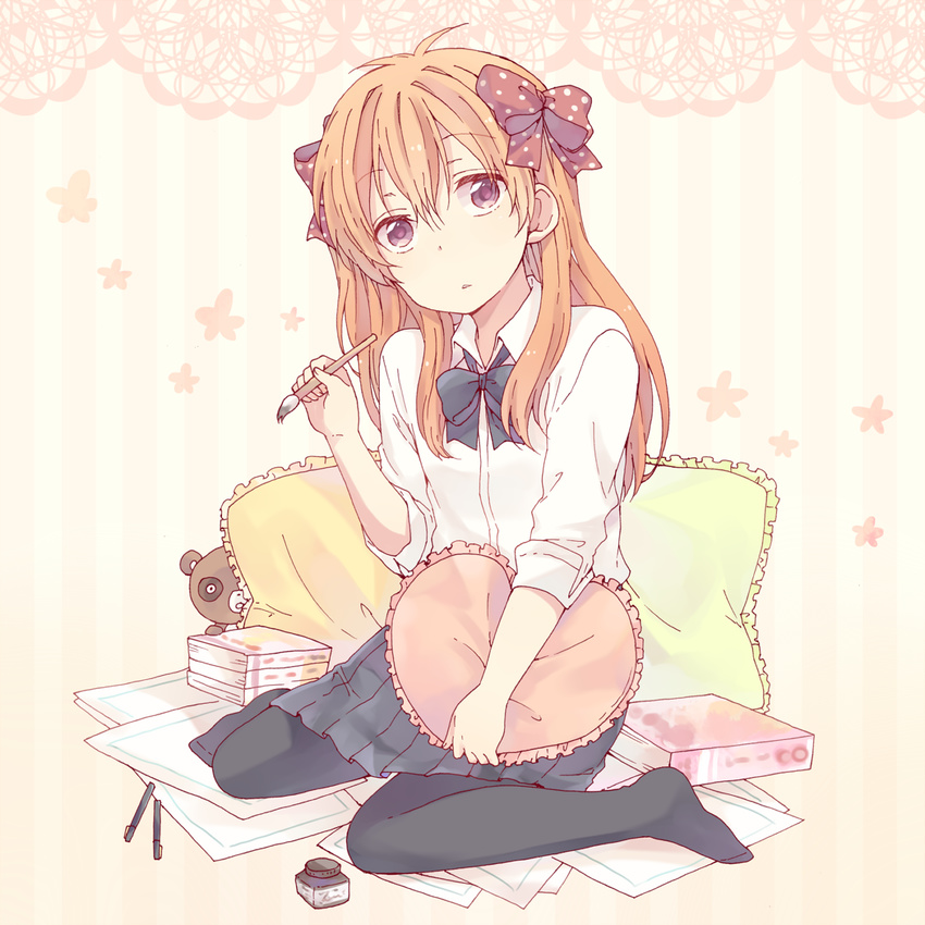 black_legwear book bottle bow calligraphy_brush frilled_pillow frills gekkan_shoujo_nozaki-kun hair_bow highres ink_bottle long_hair miso_(mimimiso) orange_hair paintbrush pantyhose pillow polka_dot polka_dot_bow rouman_academy_uniform sakura_chiyo school_uniform sitting solo tanuki wariza