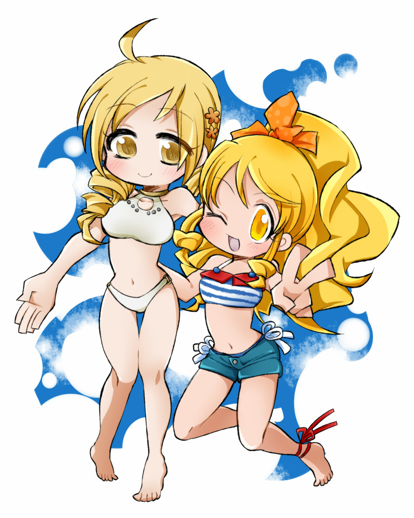 alternate_costume bikini bikini_bottom bikini_top blonde_hair blush chibi color_connection crossover cure_honey eyelashes hair_ornament hair_ribbon hairclip halter_top halterneck happinesscharge_precure! highres magical_girl mahou_shoujo_madoka_magica midriff multiple_girls navel o-ring o-ring_bottom one_eye_closed oomori_yuuko precure ribbon scythe-of-petals shorts swimsuit thigh_gap tomoe_mami v wide_ponytail yellow_eyes