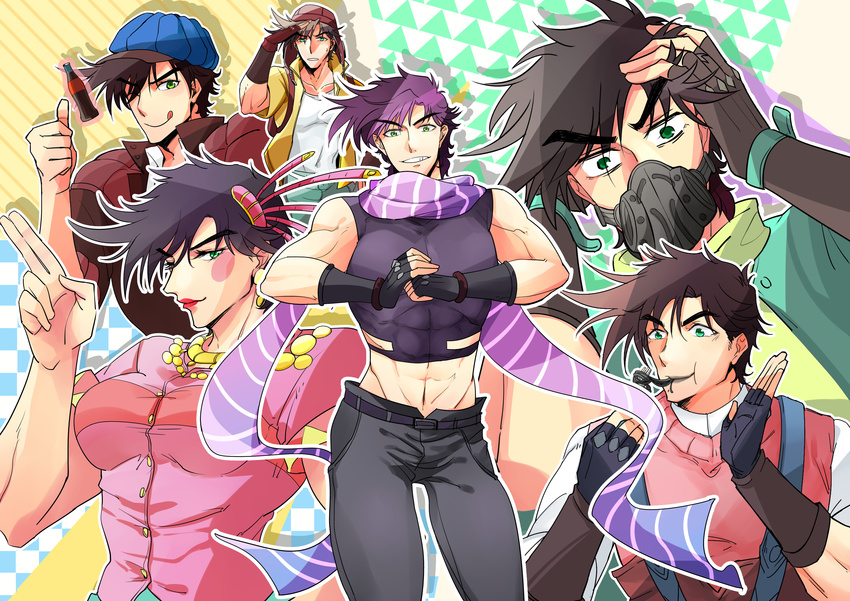 absurdres black_hair brown_hair green_eyes highres jojo_no_kimyou_na_bouken joseph_joestar_(young) multiple_persona purple_hair santaisang