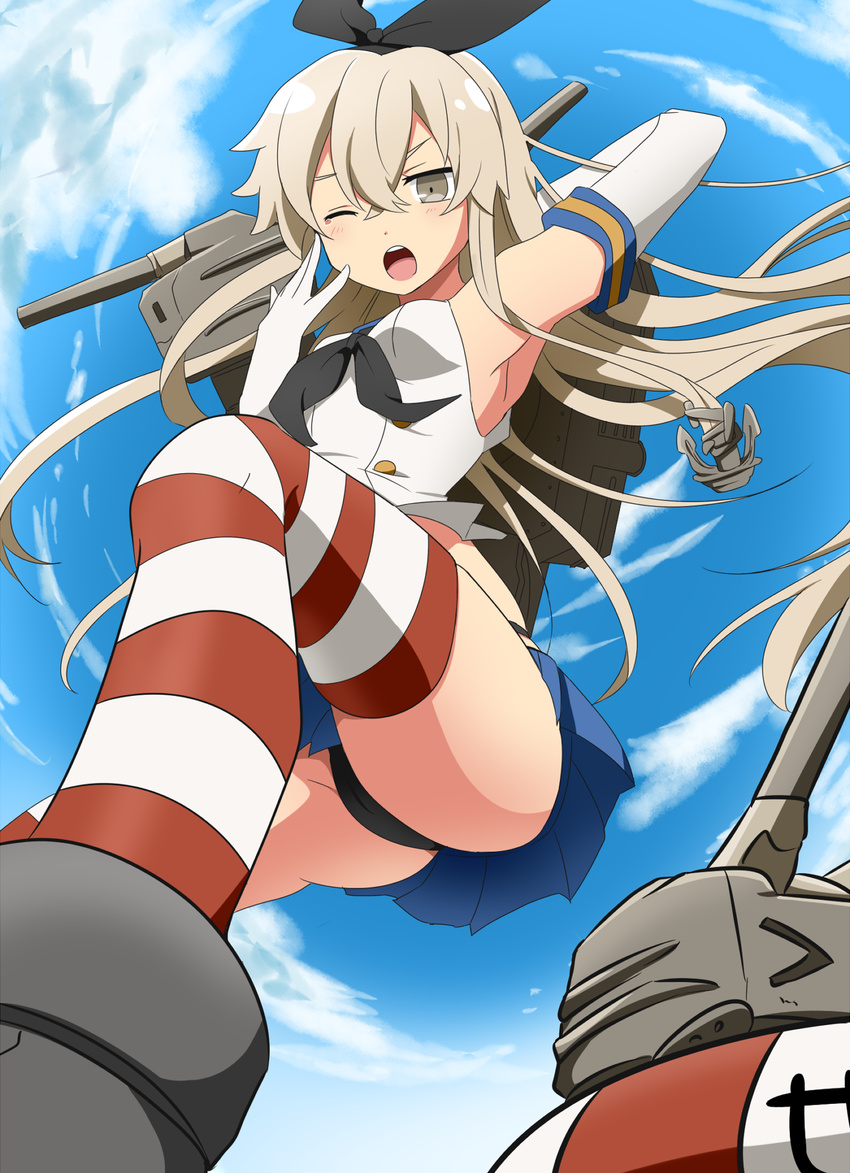 ;o anchor arm_up armpits black_panties blonde_hair elbow_gloves from_below gloves grey_eyes hairband highres kantai_collection lifebuoy long_hair one_eye_closed open_mouth panties rensouhou-chan rumia_(compacthuman) shimakaze_(kantai_collection) skirt solo striped striped_legwear thighhighs underwear