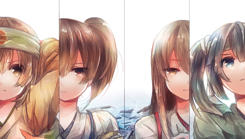 akagi_(kantai_collection) black_hair blue_eyes brown_eyes brown_hair column_lineup face hachimaki headband highres hiryuu_(kantai_collection) japanese_clothes kaga_(kantai_collection) kantai_collection long_hair multiple_girls side_ponytail souryuu_(kantai_collection) sugino_(patrassyar) twintails tying_headband upper_body white_background