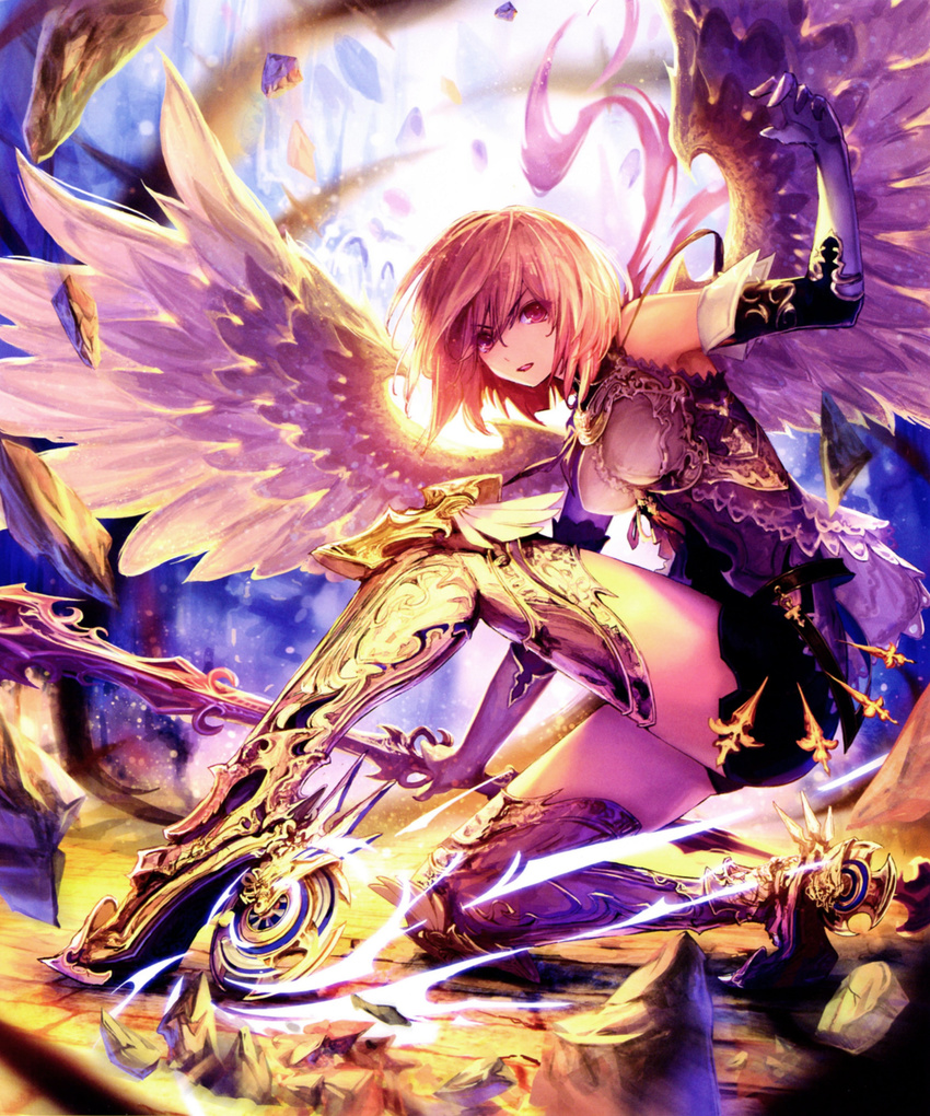 absurdres bare_shoulders boots elbow_gloves gloves greaves high_heel_boots high_heels highres looking_at_viewer miniskirt one_knee open_mouth pink_eyes pink_hair scan shingeki_no_bahamut skirt solo sophie_(shingeki_no_bahamut) sword tachikawa_mushimaro thigh_boots thighhighs weapon wings