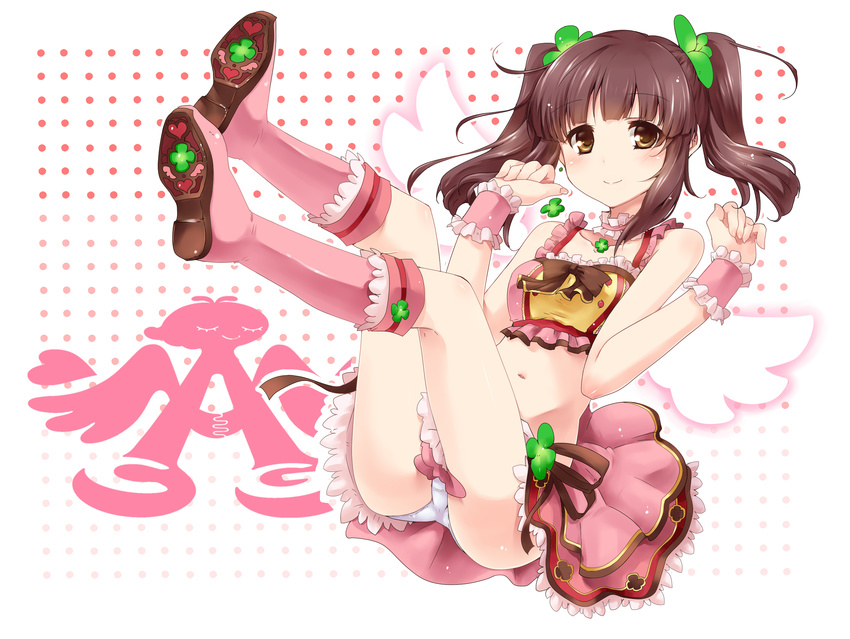 ass bad_id bad_pixiv_id brown_eyes brown_hair detached_collar frills full_body highres idolmaster idolmaster_cinderella_girls legs_up looking_at_viewer midriff navel ogata_chieri panties pantyshot pantyshot_(sitting) paopao polka_dot polka_dot_background shoes short_twintails simple_background sitting skirt smile tank_top thighs twintails underwear white_panties wrist_cuffs