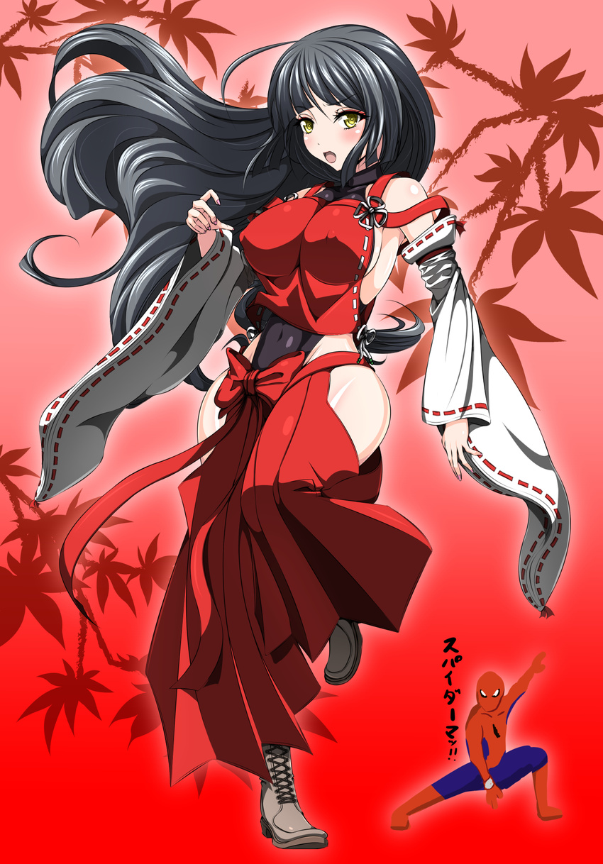 ahoge bare_shoulders black_hair blush boots breasts cameo combat_boots covered_nipples cross-laced_footwear curvy detached_sleeves hakama highres huge_ahoge japanese_clothes lace-up_boots large_breasts leotard long_hair m.u.g.e.n marvel nontraditional_miko original red_hakama running sendai_hakurei_no_miko sideboob solo_focus spider-man spider-man_(series) tom-supaiku touhou yellow_eyes
