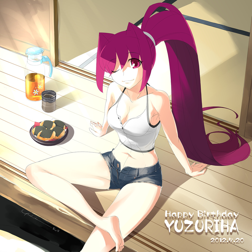 arm_support barefoot breasts cleavage cutoffs denim denim_shorts french-bread happy_birthday highres long_hair looking_at_viewer medium_breasts official_art one_eye_closed open_fly pink_hair ponytail short_shorts shorts sitting smile solo under_night_in-birth unzipped very_long_hair yoshihara_seiichi yuzuriha_(under_night_in-birth)
